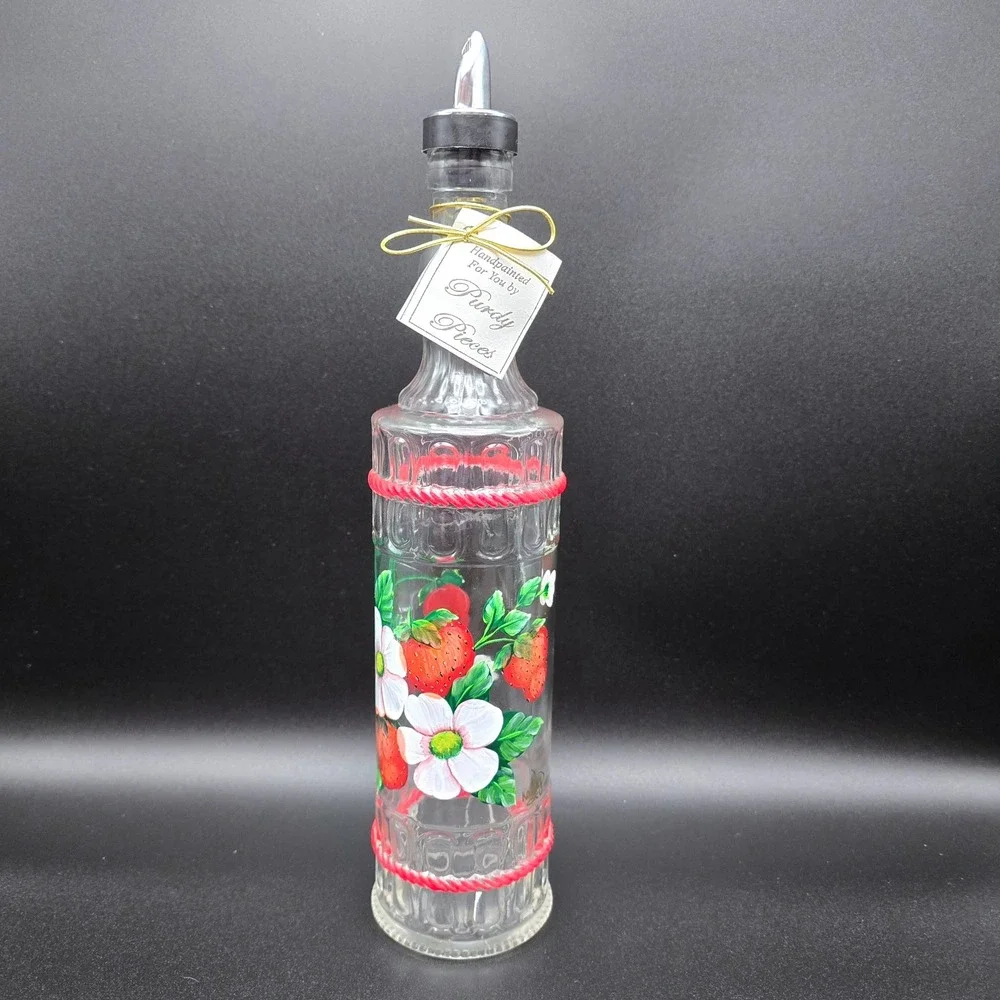 Purdy Pieces Handpainted Strawberry Glass Oil Vinegar Cruet Set Italy Spill-Stop